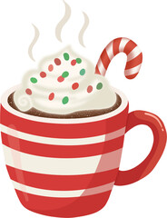 Festive Hot Chocolate Mug with Whipped Cream and Candy Cane.
