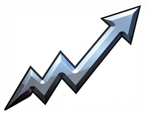 A stylized three-dimensional zigzag arrow pointing upward grey on a white background. Ai