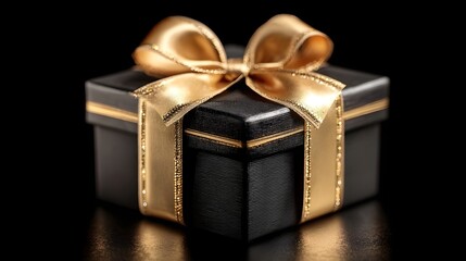 Luxury black gift box with metallic golden ribbon placed on dark reflective studio surface background