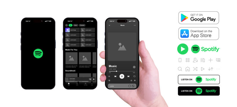 Spotify music app mockup template. Vector editorial illustration of a smartphone screen featuring the Spotify music streaming interface