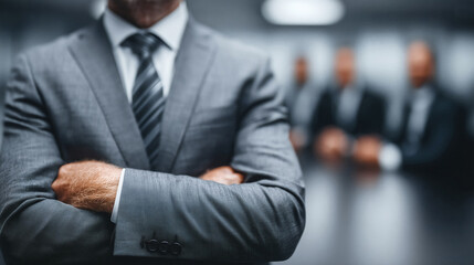 Confident businessman in sharp suit with arms crossed projecting authority in a modern boardroom setting
