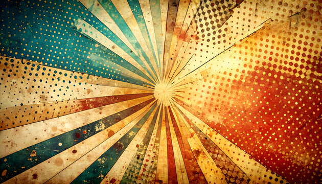 Retro sunburst pattern radiates outward with halftone effect, creating a vintage and dynamic backdrop with a sense of energy and nostalgia.