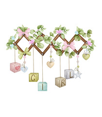 Watercolor composition for a baby girl with a hanger decorated with eucalyptus.  Baby shower, birthday, children's party, or birth. Nursery interior in Scandinavian, boho, and retro styles.
