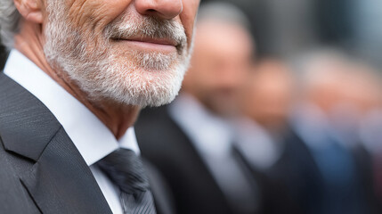 Distinguished gentleman with silver beard smiles confidently in professional business attire