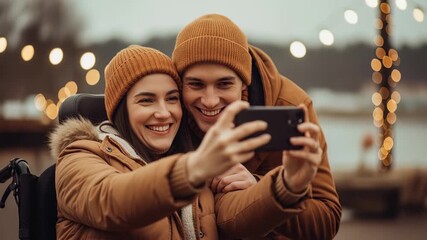 A young man and woman in a wheelchair wearing winter clothes take a selfie for social media. The happy couple celebrates the Christmas holidays.