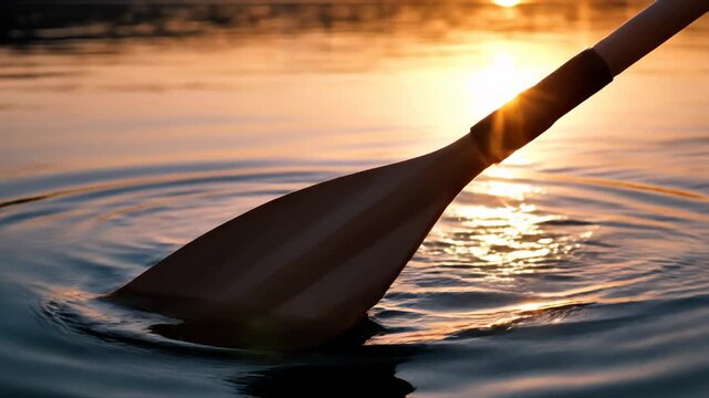 Rowing Paddle Dipping Into Water at Sunrise, Causing Ripples