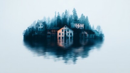 Fototapeta premium A serene, misty landscape featuring partially submerged houses surrounded by trees, reflecting eerily in the still water.
