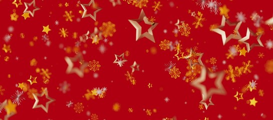 Christmas background with golden stars and snowflakes on a vibrant red backdrop. Perfect for holiday greetings, festive designs, and winter cele