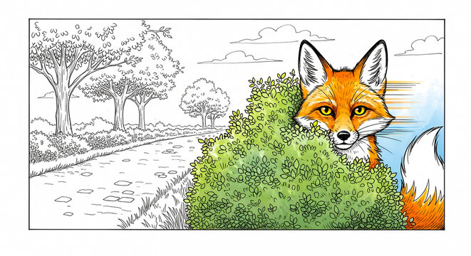 A watchful red fox with striking orange fur carefully peeks from behind a vibrant green bush, observing its surroundings in a beautifully rendered monochrome forest pathway illustration