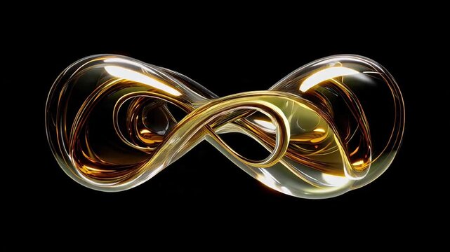 A golden, abstract infinity shape, rendered with light and shadow against black background.