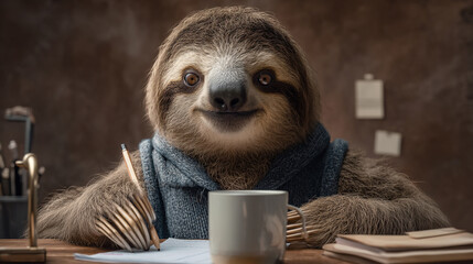 Obraz premium Close up of a sloth at a desk wearing a sweater writing on paper with a pencil