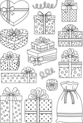 Obraz premium Collection of beautifully drawn gift boxes and a gift bag with bows and ribbons, isolated on a white background, perfect for celebrations and holidays