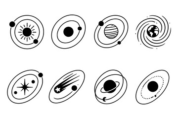 Celestial bodies outline collection: minimalist solar system icons and planetary designs