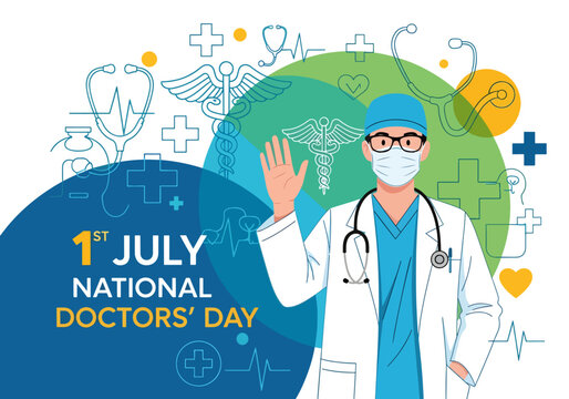 1st July National Doctors Day illustration with a doctor wearing a mask and stethoscope amidst medical symbols and heart