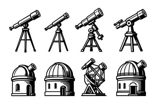 Variety of telescopes and observatories in vintage black and white design