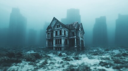 An eerie, submerged house stands in murky water, surrounded by ghostly silhouettes of submerged buildings, evoking a haunting atmosphere.