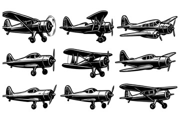 Vintage airplanes collection - classic black and white aircraft illustrations