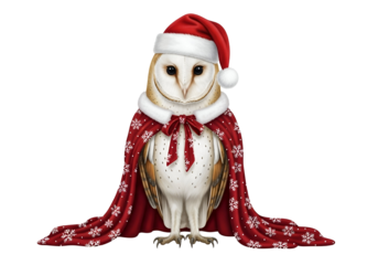 Charming Barn Owl Wearing a Festive Red Santa Hat and Snowflake Patterned Shawl, Adorable Holiday Animal Digital Art isolated on transparent background.