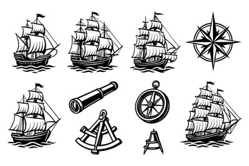 Vintage nautical symbols and sailing ships with compass rose and navigational tools