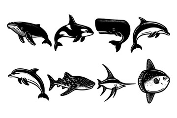 Fototapeta premium Marine mammal silhouettes: whales, dolphins, and ocean creatures in monochrome design
