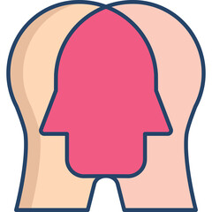 Abstract illustration of two overlapping human heads in profile view with a pink inner shape against a transparent background representing connection or shared thought