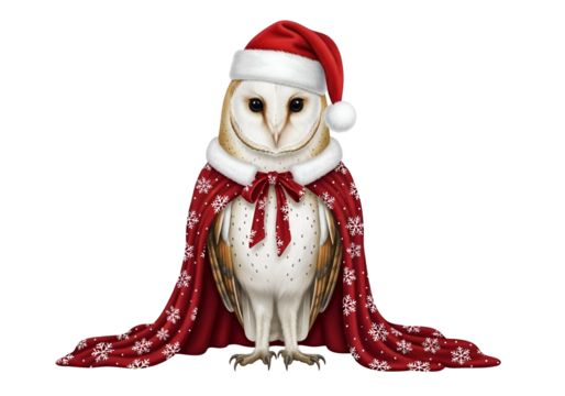 Charming Barn Owl Wearing a Festive Red Santa Hat and Snowflake Patterned Shawl, Adorable Holiday Animal Digital Art isolated on transparent background.