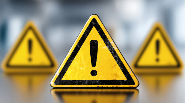 Prominent yellow warning sign with exclamation mark demands attention for safety alerts and hazard awareness