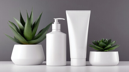 Elegant white cosmetic bottles and tube with lush green plants in minimalist studio setup
