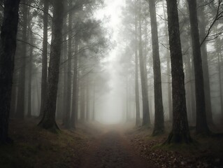 Obraz premium Atmospheric misty forest path beckoning towards obscured solitude and ancient nature.