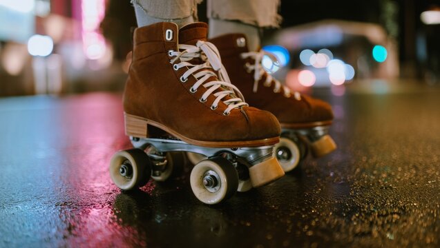 Person standing in brown vintage roller skates on a dark, wet city street at night, with vibrant blurred neon lights reflecting on the ground, creating a nostalgic urban scene