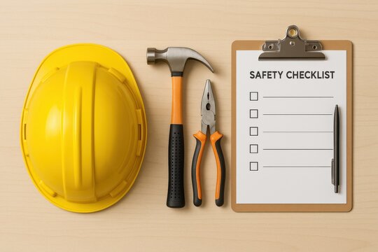 Construction safety equipment including hard hat, tools, and checklist on wooden surface. Concept of workplace safety, construction sites, and risk management practices.