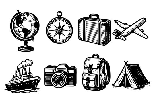 Retro travel icons featuring globe, compass, and more in black and white engraving style