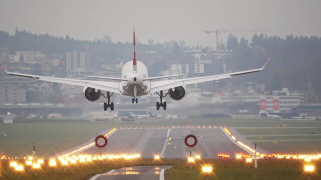 Rear long shot footage of a commercial passenger plane moments before touchdown. Real time, super telephoto footage, foggy autumn weather, illuminated runway, international flight, European Airport 