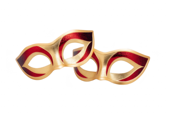Gold red masquerade mask, elegant party accessory, festive and mysterious, suitable for celebration, costume event, or carnival, with shiny metallic finish and dramatic style