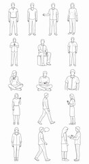 Fototapeta premium Collection of diverse people in various poses and activities, standing, sitting, and walking, sketched outlines on white background