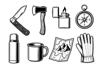 Outdoor adventure icons featuring camping tools and navigation in black and white