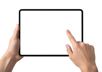 Human hands holding a modern black digital tablet with a blank white screen, a finger tapping the display, isolated on transparent background for technology mockups and app demonstrations.