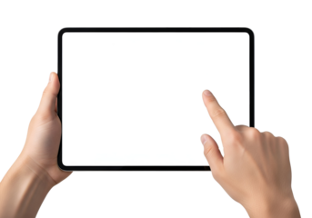 Human hands holding a modern black digital tablet with a blank white screen, a finger tapping the display, isolated on transparent background for technology mockups and app demonstrations.