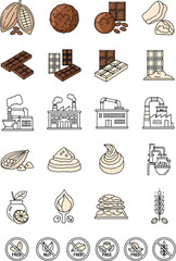 Collection of chocolate icons and symbols including cacao pods, bars, truffles, factories, and free labels