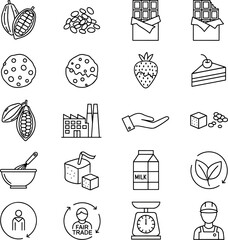 Collection of Chocolate Making Ingredients and Process Icons Featuring Cacao Pods, Beans, Bars, Factory, and Fair Trade Symbols
