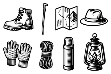 Camping and hiking essentials: vintage style outdoor gear and adventure icons