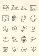 Collection of cleaning icons for house, home and business, set of vector symbols, isolated on beige background, modern style