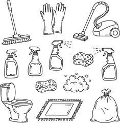 Collection of cleaning supplies and tools including a mop broom vacuum cleaner gloves sponges and toilet for household chores
