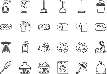 Collection of Cleaning Supplies Icons Vector Set Household Chores Equipment And Tools Line Art Graphics