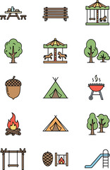 Collection of colorful flat icons representing park and outdoor leisure activities picnic table bench carousel trees acorn barbecue tent campfire swing slide
