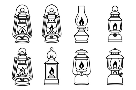 Vintage lantern collection: rustic oil lamp line art for nostalgic design projects