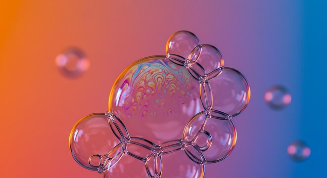 A closeup macro photograph captures a cluster of iridescent soap bubbles against a vibrant, gradient background of orange and blue hues