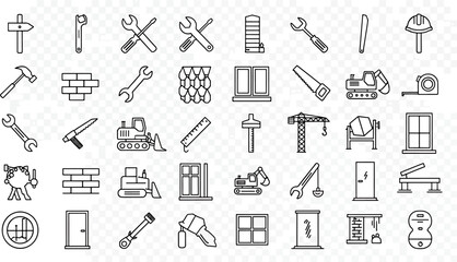 Collection of Construction Tools and Equipment Icons Set Vector Graphics Building Industry Elements Hammers Wrenches And More
