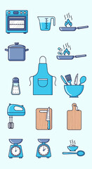 Collection of cooking and kitchen utensils flat design icons, including oven, pot, measuring cup, frying pans, apron, salt shaker, mixer, cutting boards, and scales