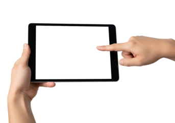 Human hands holding a modern black digital tablet with a blank white screen, a finger tapping the display, isolated on transparent background for technology mockups and app demonstrations.